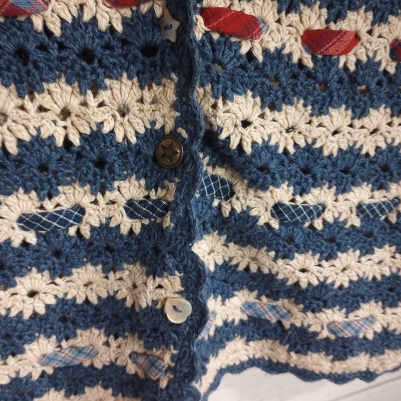 Vintage 1990s Y2K Crochet Vest Blue Cream Stripes Boho Hippie Retro - Picture 10 of 12